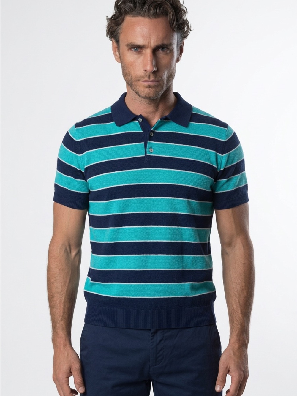 🌊⚡ Paisley & Gray‎ Retro Knit Polo – Bold Navy & Aqua Stripes ⚡🌊